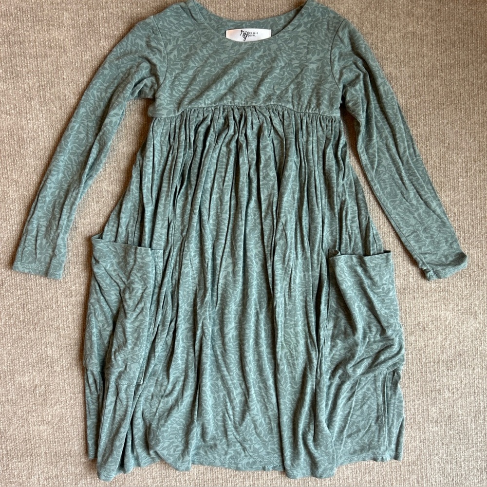 Remie Girl Size 8 Olive Green Long Sleeve Pocket Dress USA Made